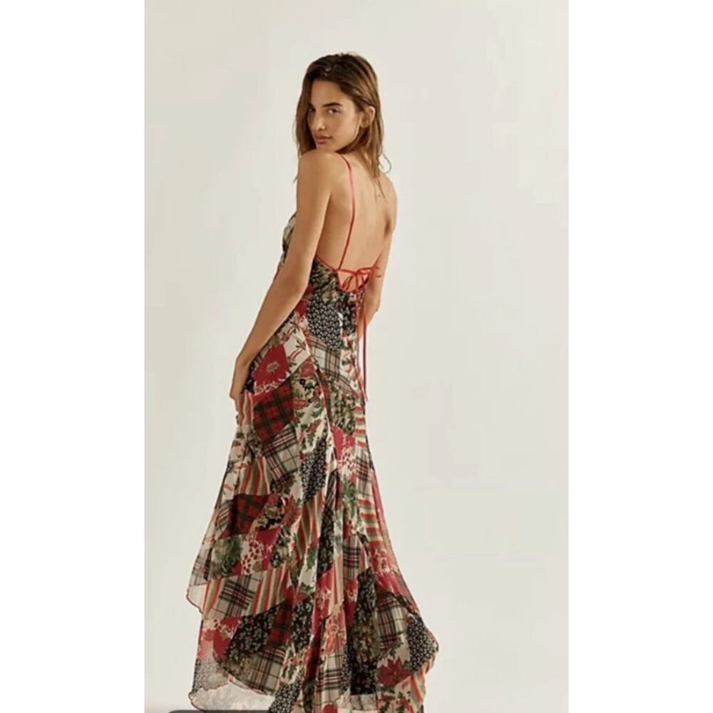 Free People Tis The Season Printed Patchwork Plaid Mistletoe Maxi Dress 6 - Picture 2 of 8